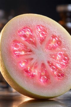 Glowing pink guava fruit slice macro detail