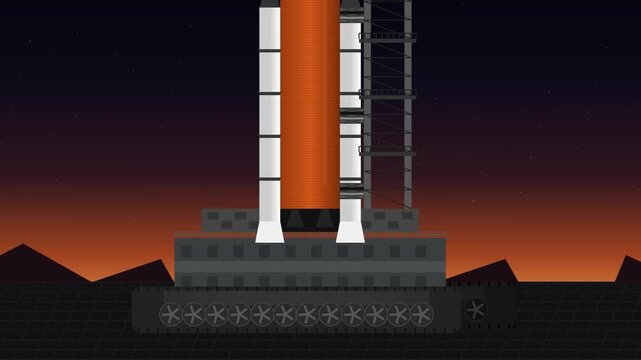 2D animation of a space rocket stack with external tank and boosters being transported by a crawler under a starry night sky for launch preparation