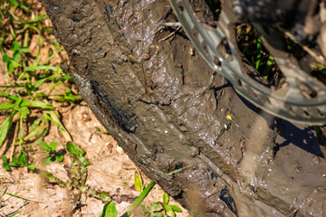 Fototapeta premium Close-up of a thick e-bike tire heavily caked in mud after an intense off-road ride