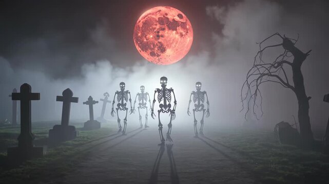 Skeletons walking through a misty graveyard under a red full moon. Undead creatures marching in a dark cemetery for Halloween. Spooky night scene with fog and tombstones for horror themed animation