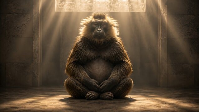 Monkey sitting in a meditative pose in a stone temple with light rays