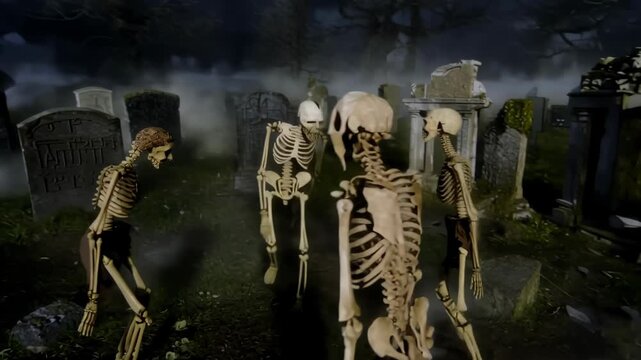 Skeletons walking in dark misty graveyard at night. Scary undead figures roaming old cemetery during Halloween