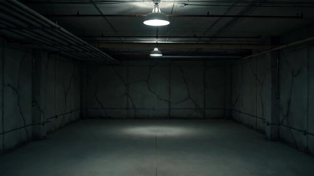 Empty dark concrete room with glowing pendant lamps. Cinematic horror basement interior background. Abandoned industrial space with dim light and moody atmosphere