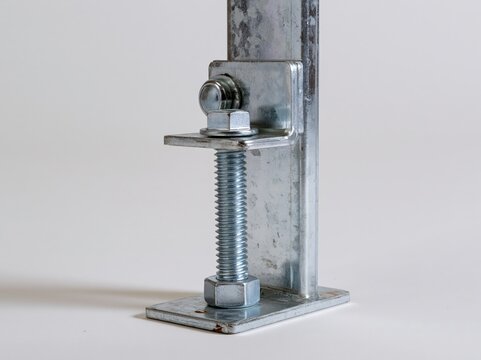 Galvanized holdown tension tie bolted to a wall stud with anchor rod and light