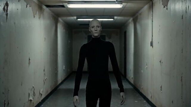Hairless man in black turtleneck walking through dark corridor. Creepy humanoid figure moving in hallway. Sci-fi suspense and eerie cinematic motion sequence