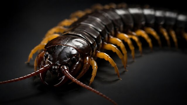 Macro shot of a large centipede on a dark surface