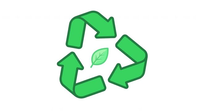 Green recycling symbol with leaf icon rotating on a white background for eco friendly concepts