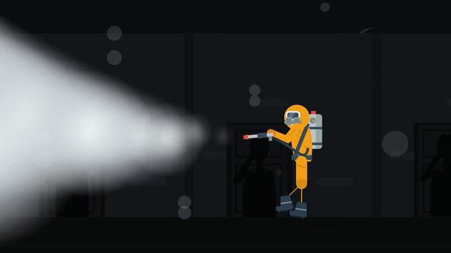 2D animation of a worker in a yellow hazmat suit using a fogging machine to spray disinfectant in a dark hallway for pest control or virus prevention