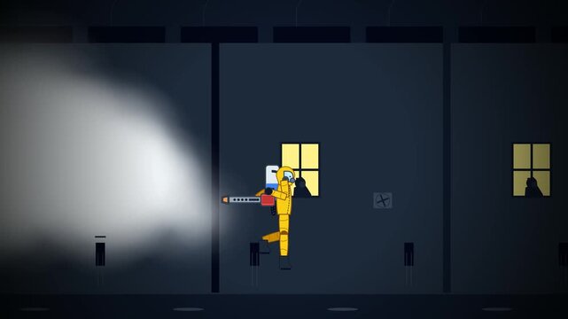 2D animation of a worker in a yellow hazmat suit spraying mosquito fogging or disinfectant chemical mist in a residential area at night to prevent disease