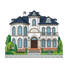 Elegant Two-Story Luxury Residential Villa with Classic Architectural Design and Landscaped Garden Front View