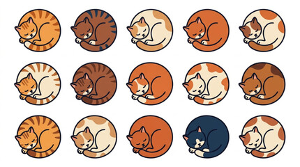 Colorful Illustrated Cats Curled Up in Circular Frames. © Tem
