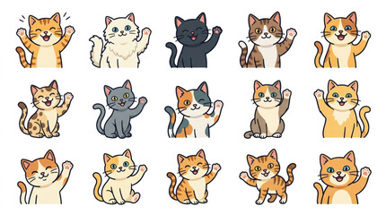 Colorful cartoon cats in various playful poses. © Tem