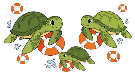 Fototapeta premium Playful Coastal Turtles Wearing Lifebuoys in Cartoon Swim Scene.