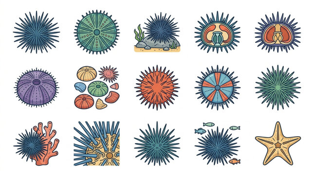 Colorful Sea Urchins and Starfish Illustration Collection.