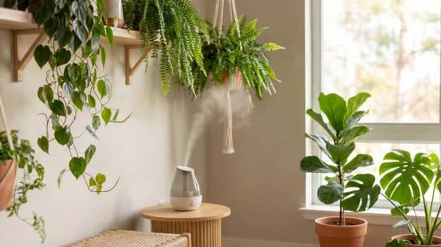 Houseplants and humidifier releasing mist in bright living room. Indoor botanical decor with green foliage and natural lighting for home wellness and air quality