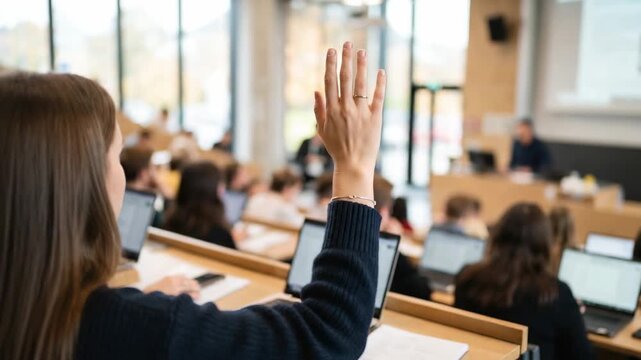 Woman raising hand during university lecture in auditorium. Student participating in class. Academic environment with seminar, education, and learning concept