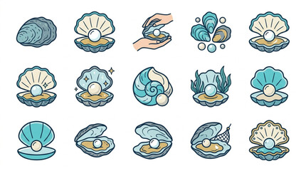 Colorful Illustrated Collection of Open Oyster Shells with Pearls. © Tem