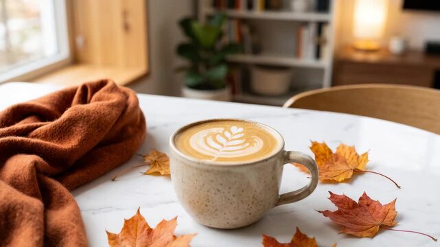 Cup of aromatic coffee with latte art on a white table decorated with autumn leaves and a cozy orange scarf. Home interior design for relaxing fall concept