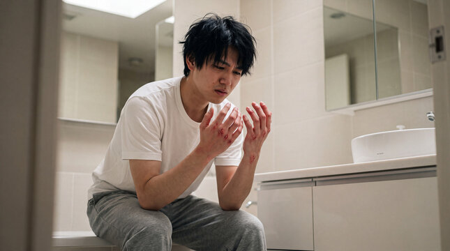 洗い過ぎで傷ついた両手を見つめ悩む若い男性 ｜ 明るい浴室の白