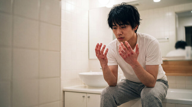 洗い過ぎで傷ついた両手を見つめ悩む若い男性 ｜ 明るい浴室の白