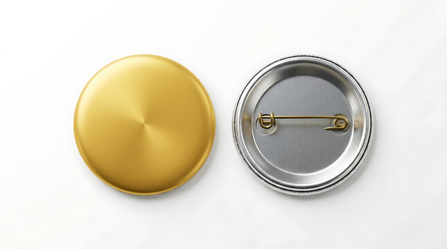 Two circular metal buttons one gold one silver with pin