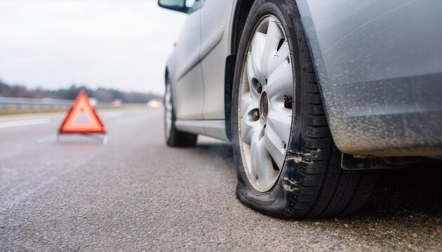 Medium shot of a damaged car tire losing air on highway shoulder.