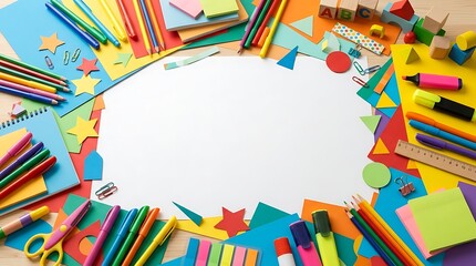 Obraz premium Vibrant Craft Supplies Border: A colorful array of school and art supplies, including crayons, markers, scissors, and construction paper, forms a playful border around a central white space.