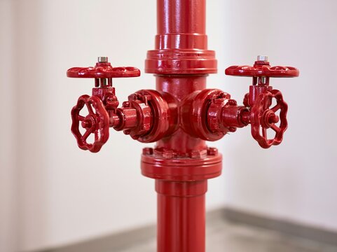 Red dry sprinkler riser assembly with valves in utility room with plain walls and good daylight