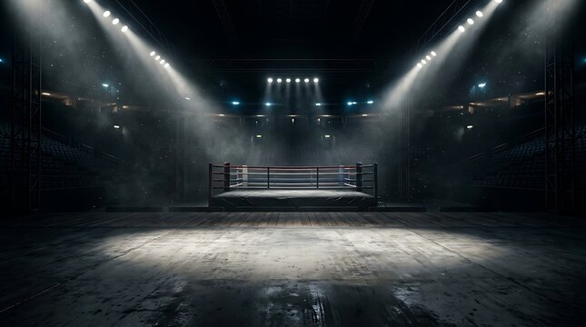 Boxing Arena at Night: A dramatic empty boxing ring illuminated by bright spotlights and atmospheric smoke, set within a dimly lit arena, ready for a championship bout.