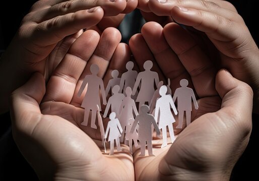 Cupped hands protecting a group of white figures.