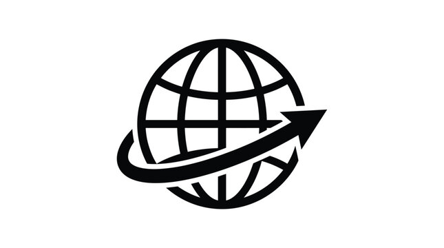 Global earth globe icon featuring a bold surrounding arrow designed with clean minimal black lines