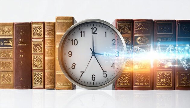 Analog clock face surrounded by vintage leather books.