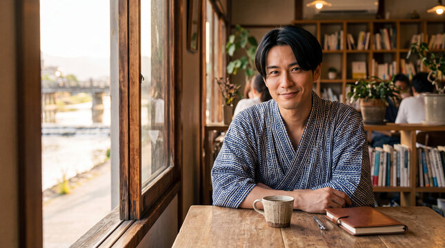 川を望む古民家カフェで手帳を広げ寛ぐ浴衣の男性 ｜ 藍の絣と木の梁