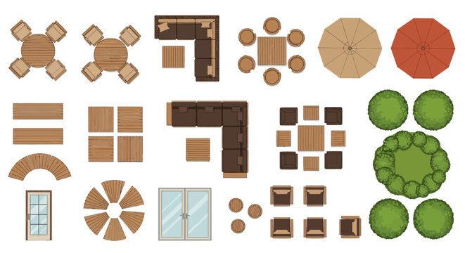 Outdoor patio furniture top view vector set, garden landscape design elements with tables and chairs, terrace lounge seating and plants for architectural floor plans