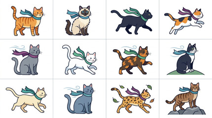Playful cartoon cats in various poses and colors. © ti