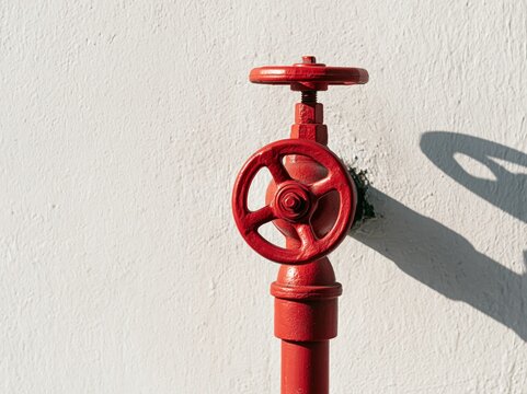 Red fire hose valve on a standpipe connection mounted on a wall with no visible text