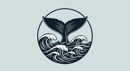 Vintage whale tail vector illustration, nautical marine mammal fluke in ocean waves, circular sea life emblem for maritime branding and apparel design © Football