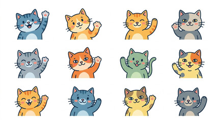 Colorful cartoon cats waving paws in a grid. © ti