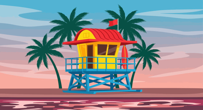 Tropical beach lifeguard tower vector illustration, colorful coastal rescue station with palm trees, summer ocean safety hut at sunset