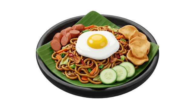 Vector illustration of illustration of indonesian fried noodles mie goreng with egg and sausage on a transparent background