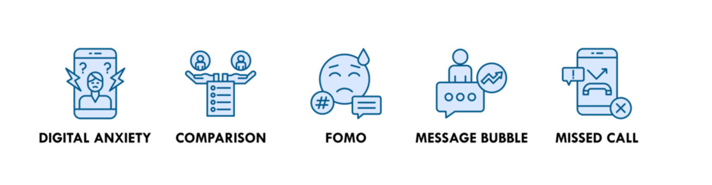 Fear of Missing Out (FOMO) banner web icon illustration concept with icon of digital anxiety, comparison, fomo, message buble, and missed call