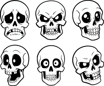 Set of cartoon skull expressions featuring various emotions in black and white line art style