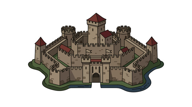 Isometric medieval stone castle with defensive towers and moat.
