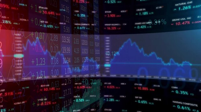 Virtual 3D financial trading room showing stock market tickers, line graphs, and economic data panels in blue and red. Represents global exchange, crypto, and modern corporate investment.