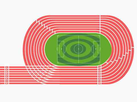 Top view of Running track with football field with circular  mow field turf in the stadium isolated on white background for sport athlete race