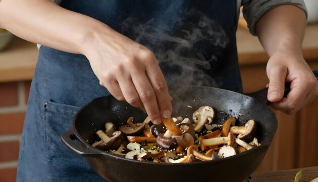A person cooks fresh mushrooms in a pan, celebrating National Mushroom Month with a healthy, delicious meal