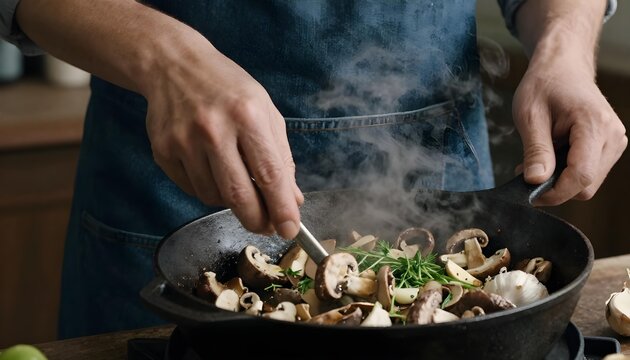 A person in an apron cooks fresh mushrooms in a pan, celebrating National Mushroom Month with a healthy meal