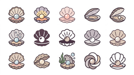 Collection of illustrated oyster shells with pearls and seaweed. © To
