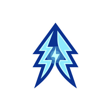 Blue layered lightning bolt arrowhead emblem.