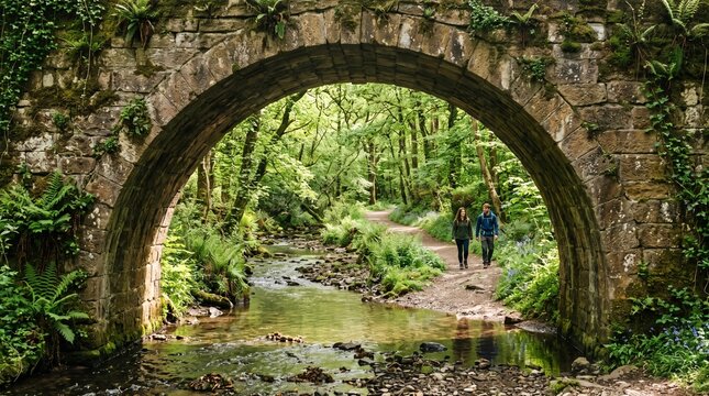 Two hikers exploring a scenic forest path under a stone arch bridge